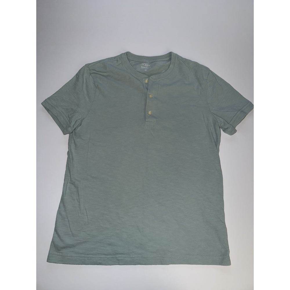 J.Crew Men Medium Slub Cotton Henley Shirt Gray-Green 3 Button Short Sleeve Top